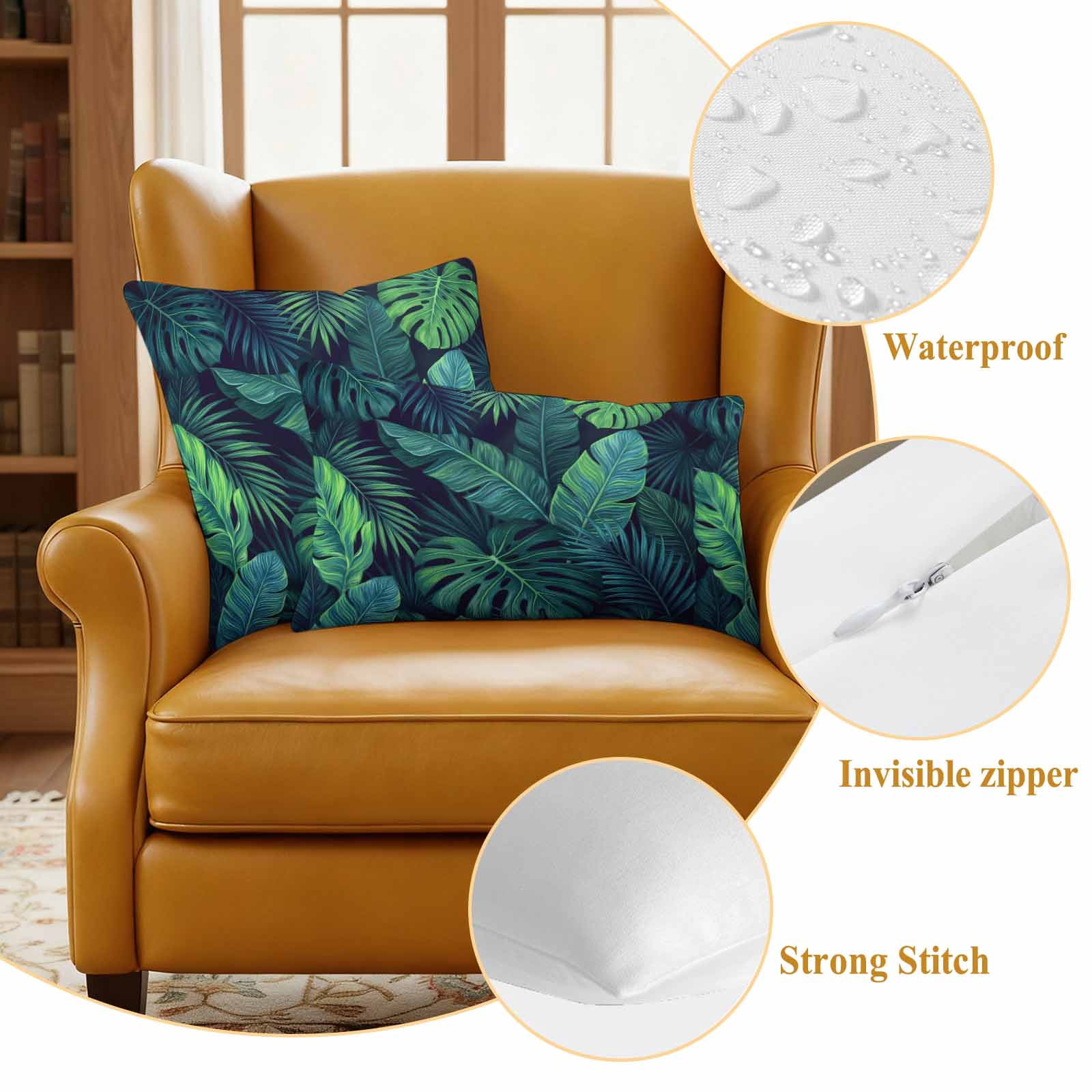 Tropical Plants Outdoor Waterproof Throw Pillow Covers 18x18 Set of 2, Summer Watercolor Teal Green Palm Leaves Decorative Pillowcases Cushion Pillowcase for Couch Sofa Patio Outside Pillow Protector