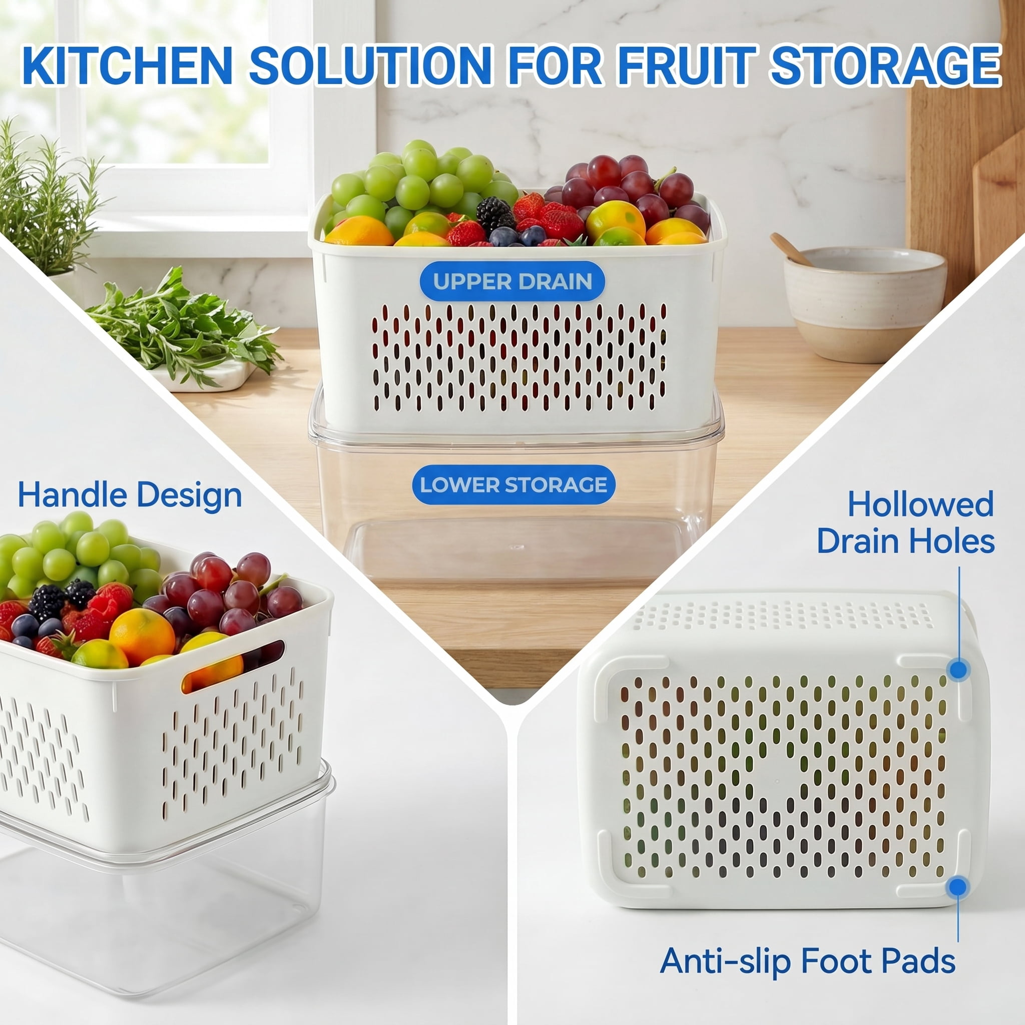 5-Pack Large Refrigerator Fruit Storage Containers with Handles, Leakproof Produce Saver with Removable Drain Colander