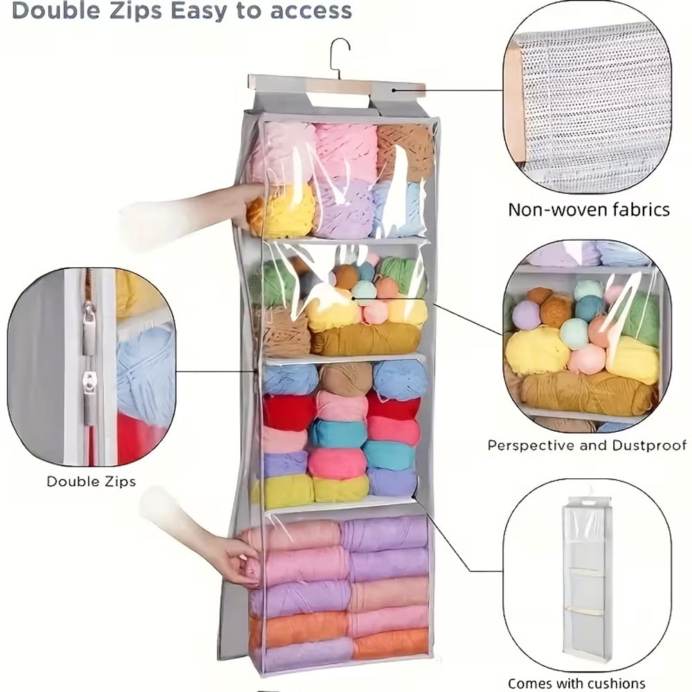 Hanging Yarn Storage Organizer with 4 Large Clear Pockets, Yarn Organizer for Crochet and Knitting Supplies, Over the Door Yarn Holder with Hooks for Yarn Skeins