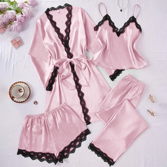 Womens 4 Piece Pajama Sets Plus Size Satin Sleepwear Lace Trim Sexy Loungewear Nightgowns Comfy for Women Casual Matching Pj Set
