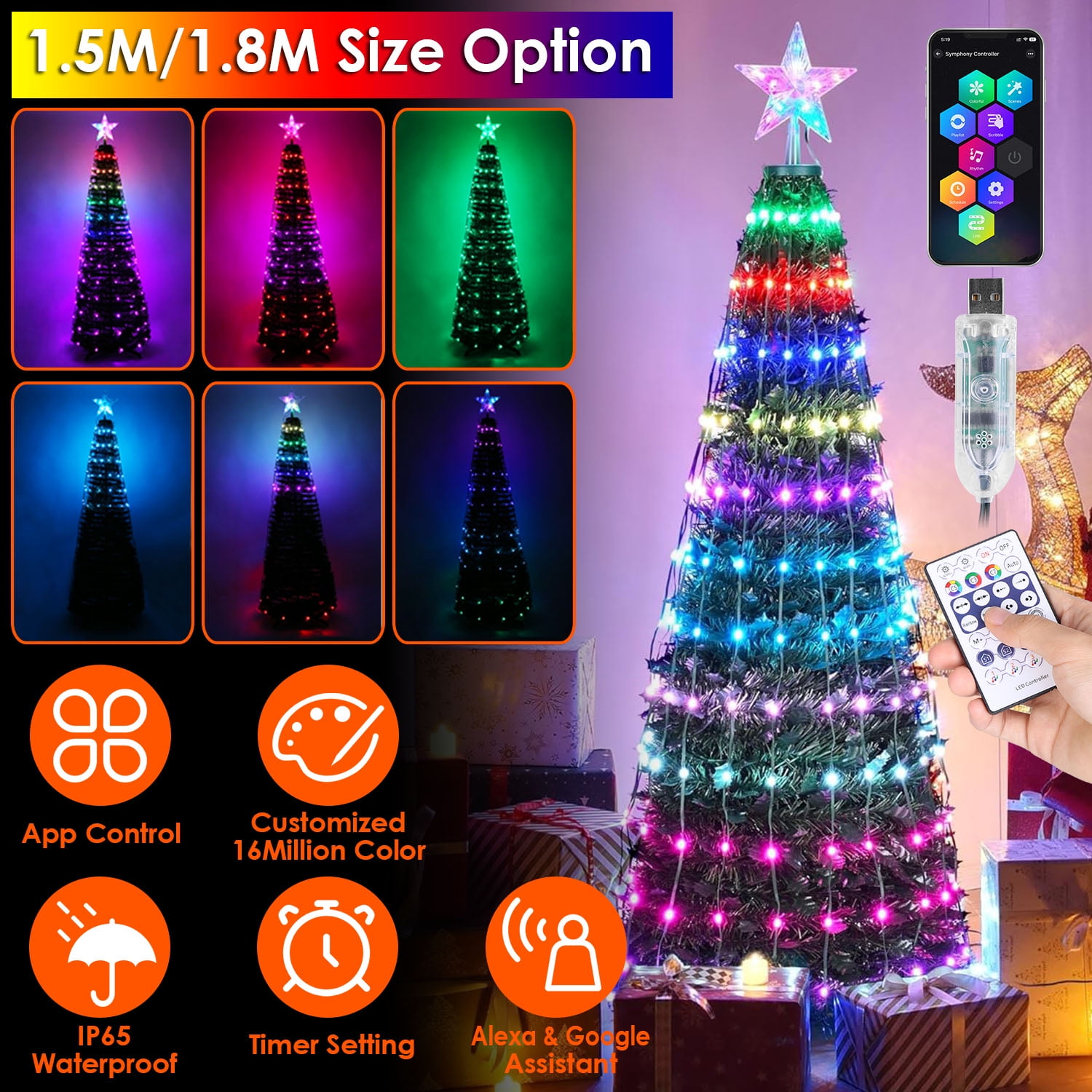 4.9FT Collapsible Christmas Tree with 166 LED Lights,  IP65 Waterproof Artificial Christmas Tree with Remote App Control Timer Setting for Xmas Holiday Party Fireplace Decor