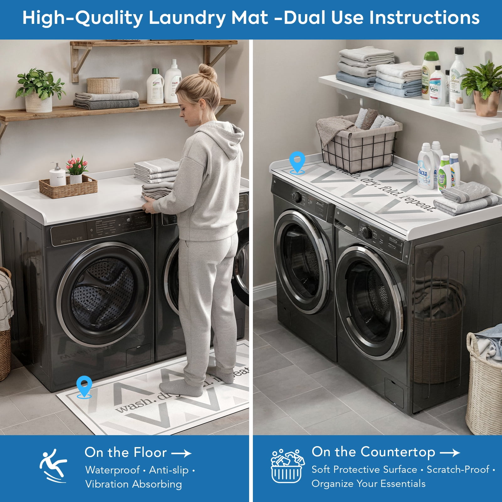 27.6" D x 54" W Wood Washer Dryer Countertop with Anti-Slip Pad, Laundry Room Organization Set, Dryer Covers for The Top with Edge Rails, Washer Dryer Topper for Laundry Room, White
