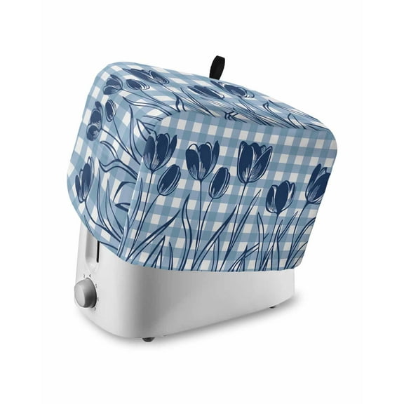 Fsddascl Tulip Flowers Toaster Cover 4 Slice, Large Kitchen Appliance Covers, Pastoral Floral Botanical Blue Plaid Toaster Oven Cover with Loop, Bread Machine Cover Polyester Dust Cover Protection