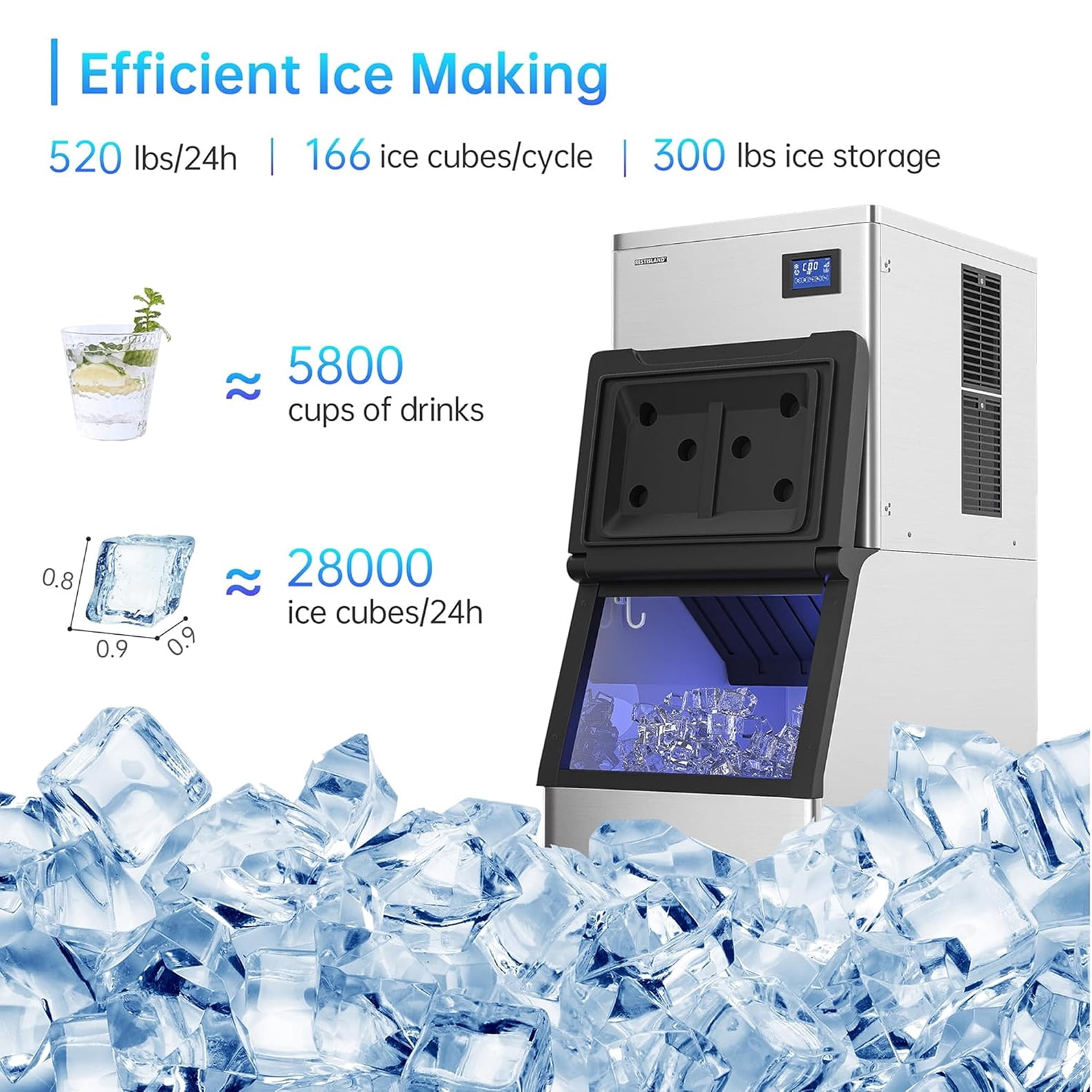 NSF 520 Lb/24h Cube Ice Maker, Freestanding Ice Machine, Built-In Ice Maker, Commercial Ice Maker