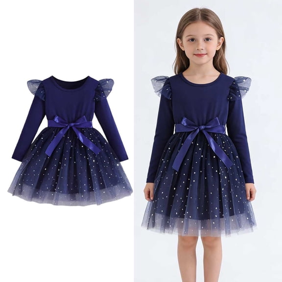 Girls Tutu Dress Ruffles Long Sleeve Blue Girls Dress Sequin Tulle Dress Girls Fall Dress Girls' Special Occasion Dresses 4-5 Years