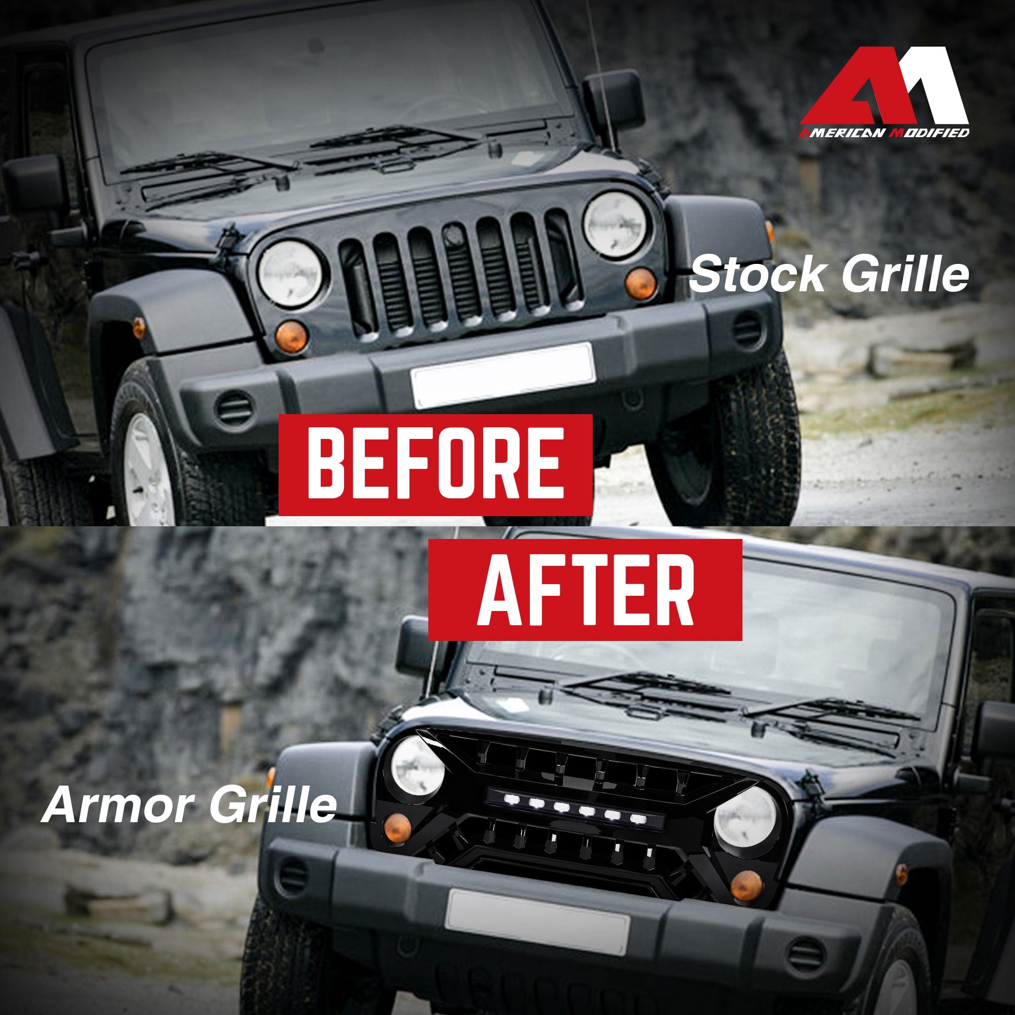 AMERICAN MODIFIED Armor Grille w/Off-Road Lights, 07-18 Jeep Wrangler JK