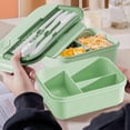 thumbnail image 2 of Fiambrera grande de 3 compartimentos a prueba de fugas para adultos, 1200 ml (42.7 oz), con tenedor, cuchara y palillos. Fabricada en plástico apto para alimentos y microondas. Ideal para el trabajo,, 2 of 8