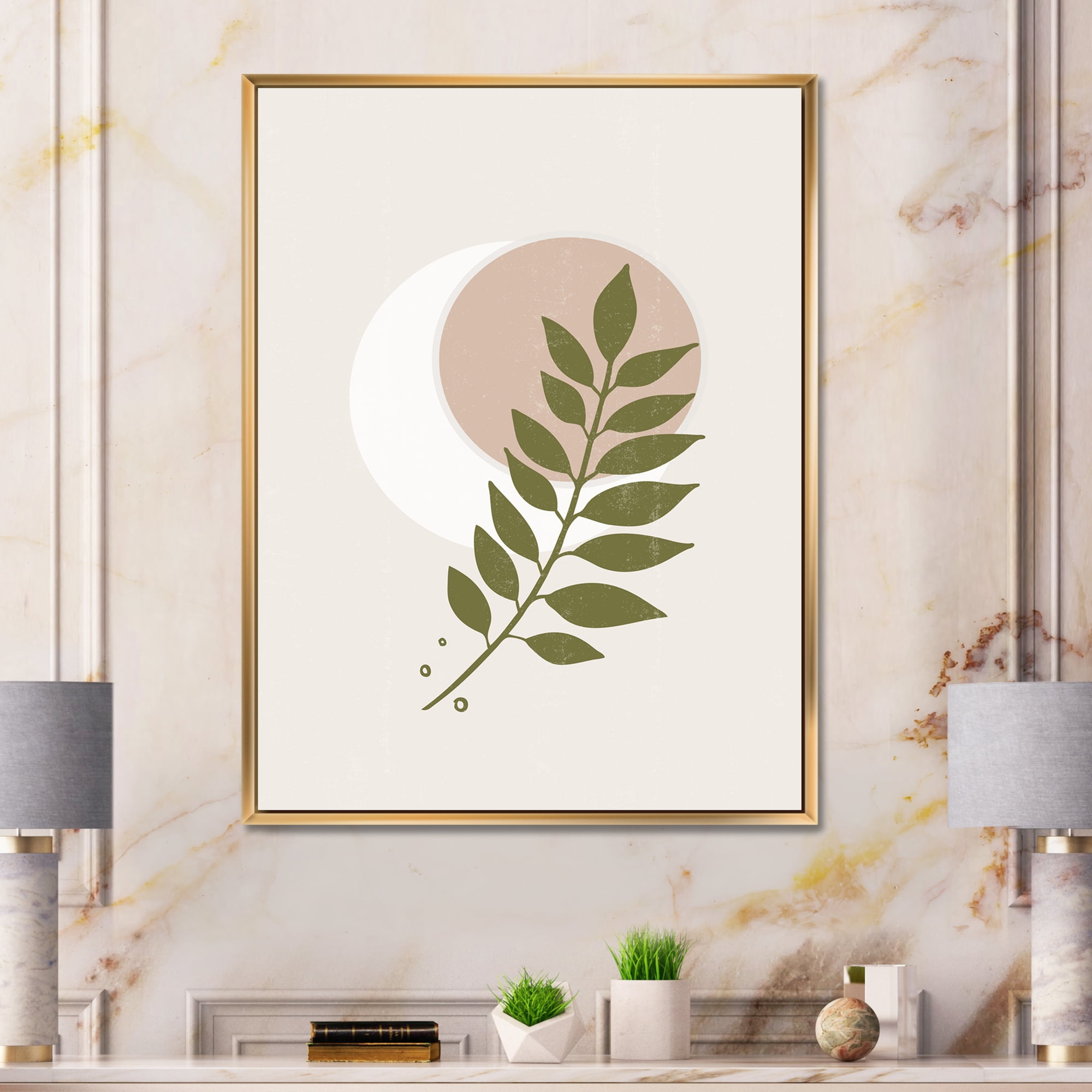 Abstract Geometrical Leaf With Moon IV 12 in x 20 in Framed Painting Canvas Art Print, by Designart