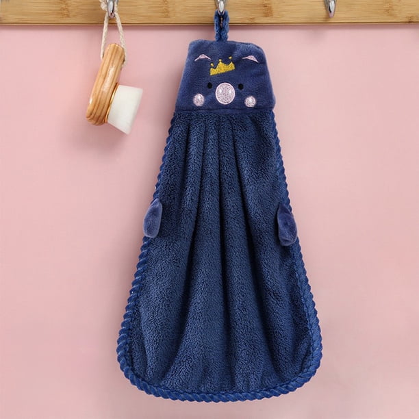 Toallas de mano colgantes para niños, forro polar suave con un diseño mono de cerdito, tela absorbente para cocina y baño, disponible en rosa, azul, gris y beige, 38x28cm