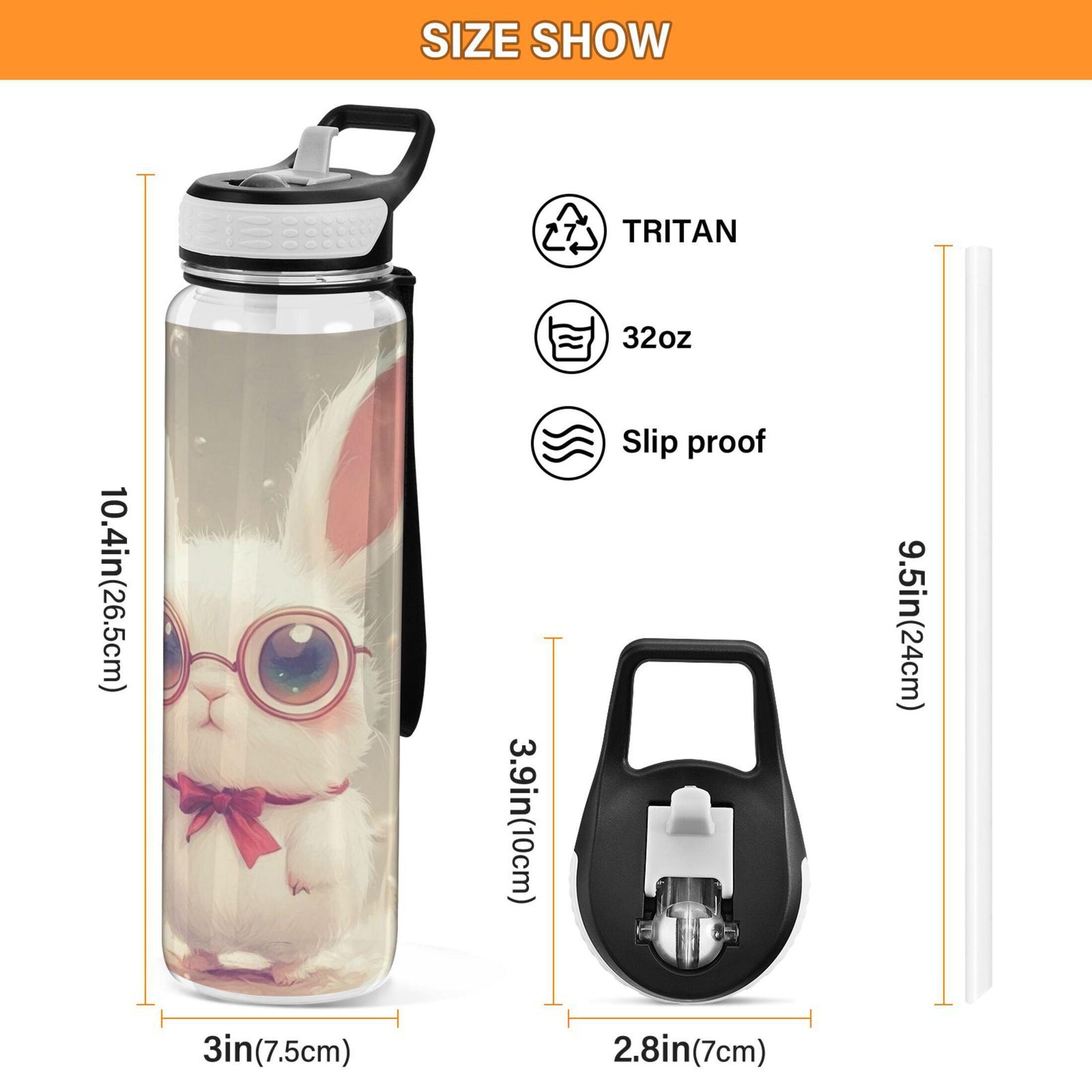 Sports Water Bottle 1000ML Tritan Food Grade Clear Water Bottle Fitness Outdoor Sports Bike Cartoon Rabbit with Glasses