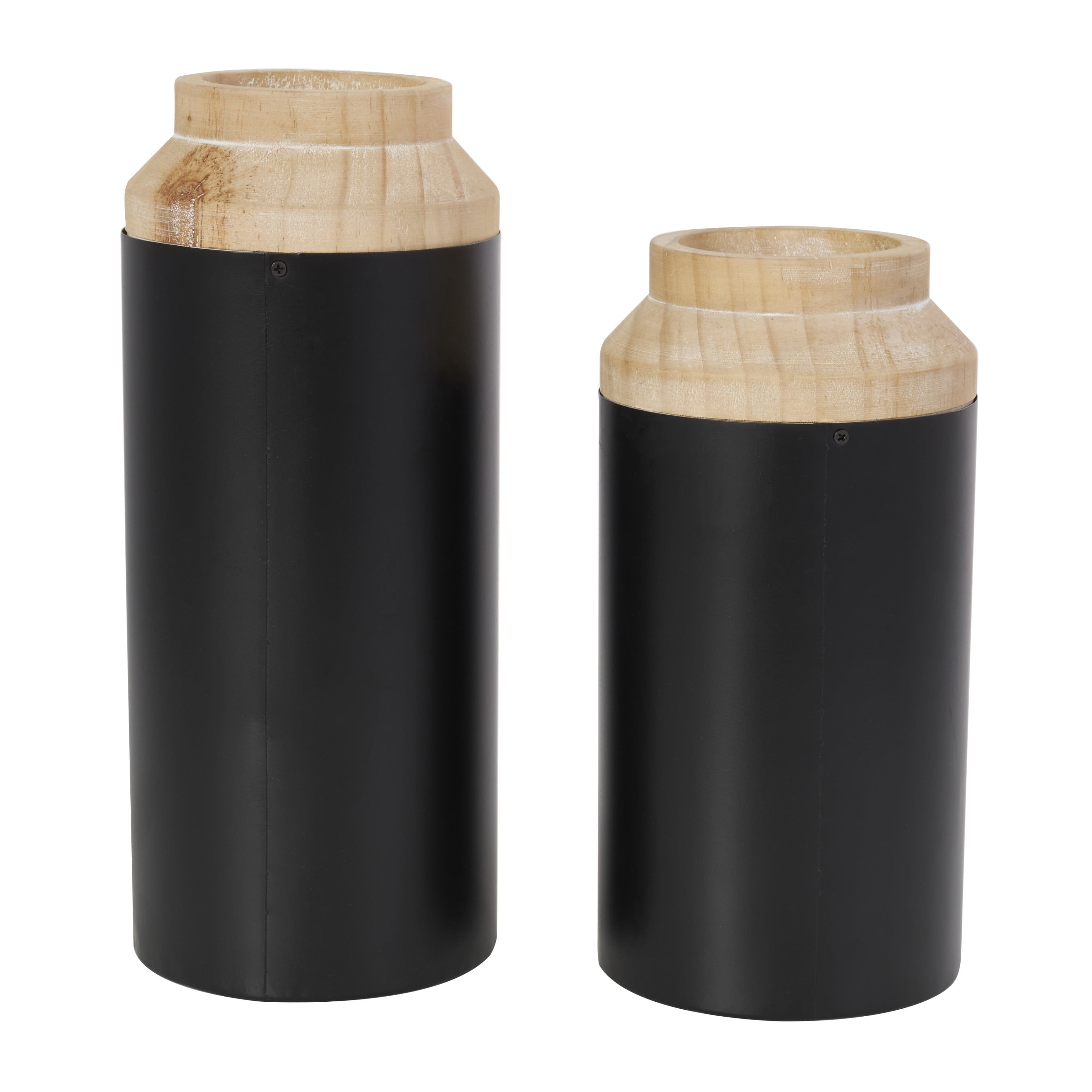 DecMode 12", 10"H Colorblock Black Wood Vase with Light Brown Wood Tops, Set of 2