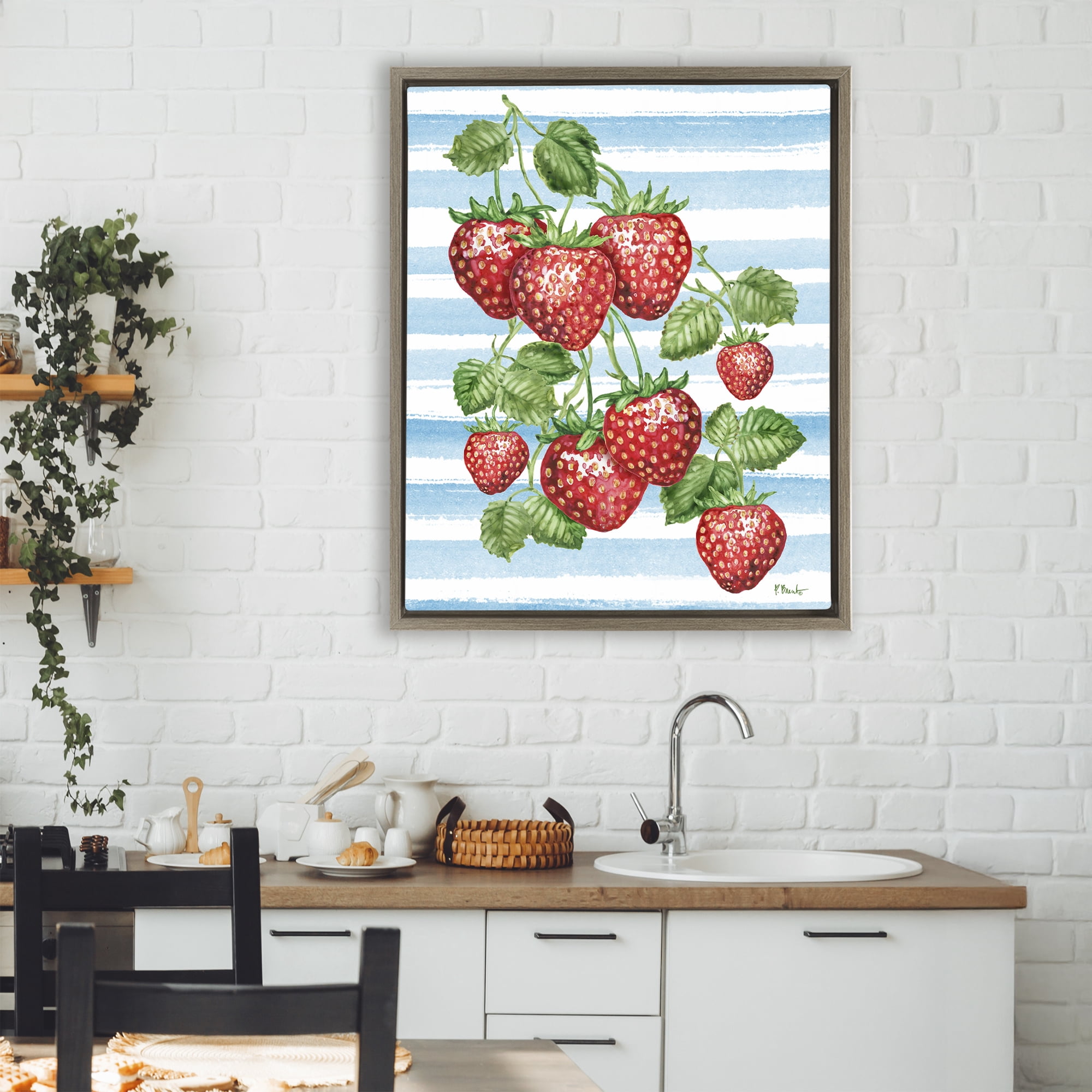 Stupell Industries Juicy Strawberry Vine on Stripes Brown Framed Floater Canvas Wall Art, design by Paul Brent