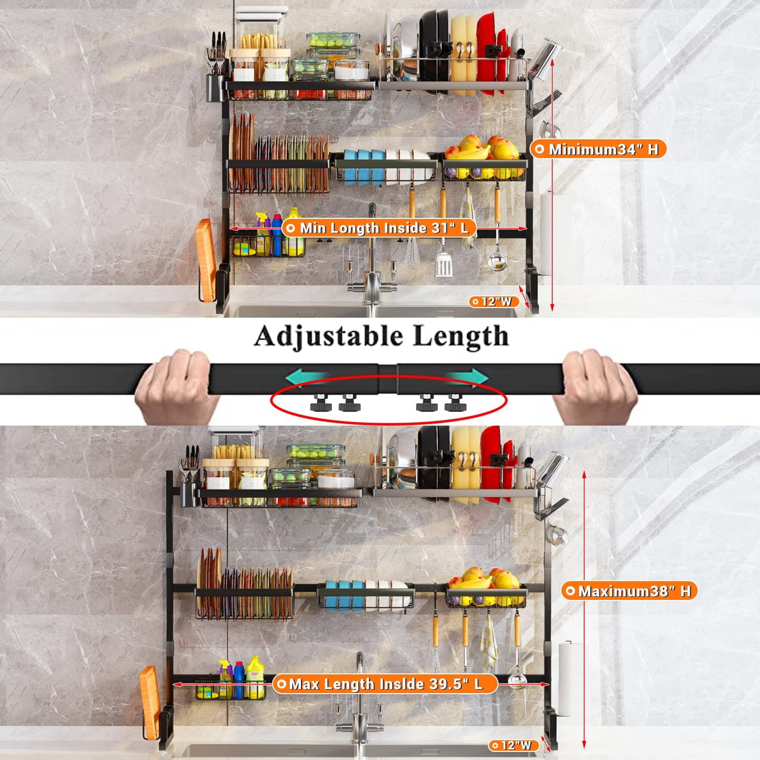 Over Sink Dish Drying Rack (Expandable Height/Length) Snap-On Design Large Dish Drainer Storage Counter Organizer 32-40L x 12W x 34-38H (inches)