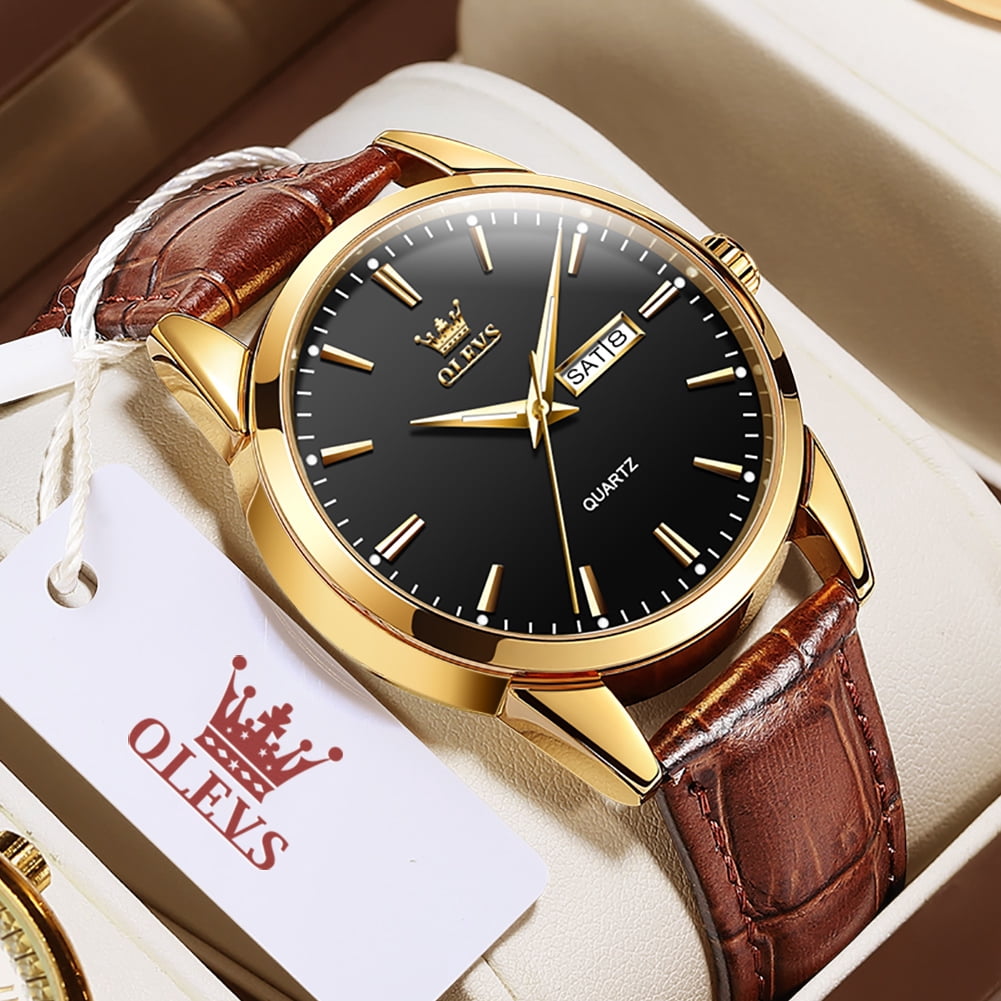 OLEVS Mens Watches,Brown Leather Watch for Men,Gold Plated Case Analog Quartz Fashion Business Dress Watch Luminous Waterproof Casual Male Wrist Watches Reloj para Hombre