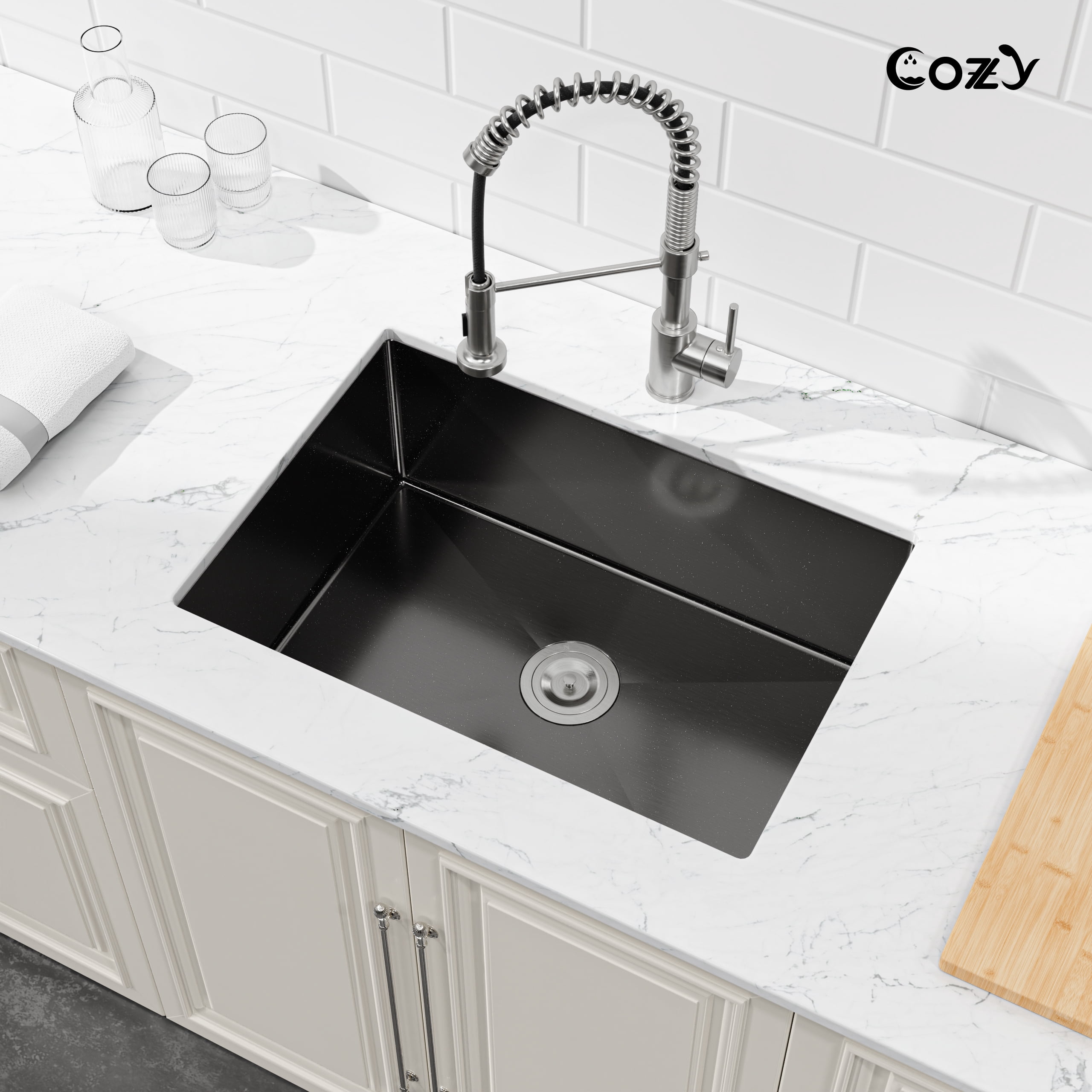 27x19 inch Black Stainless Steel Single Bowl Undermount Kitchen Sink with US Standard Drain and Hook, Model SS-BL04D-271908