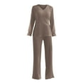 thumbnail image 3 of BLOCLOALO 2 Piece Lounge Set Long Sleeve Tops Women's 2023 Fashion Casual Straight Leg Pants Loose V Neck Knit Set V Neck Blouses Knit Sweater Womens Lounge Outfit Khaki Xl, 3 of 7