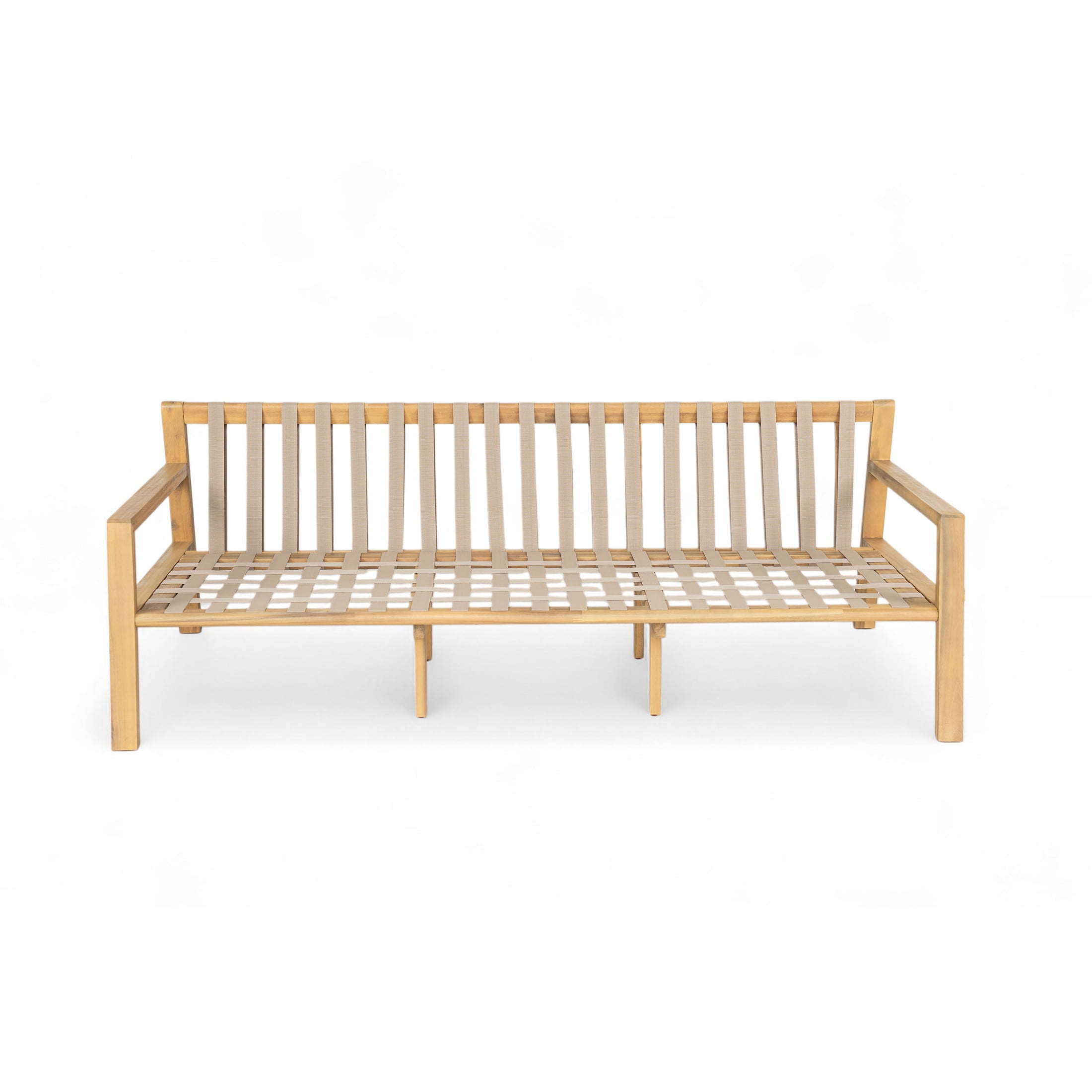 Christopher Knight Home 3-Seat Patio Outdoor Sofa with Cushions, Woven Strap Back, Acacia Wood Frame, Light Teak+Beige