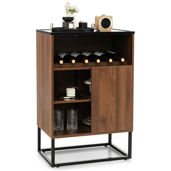 CRXX Wine Bar Cabinet, Small Sideboard Buffet Cabinet with Tempered Glass Top, Adjustable Feet & Shelf, Sliding Door, Freestanding Wine Rack Table for Living Dining Room Kitchen