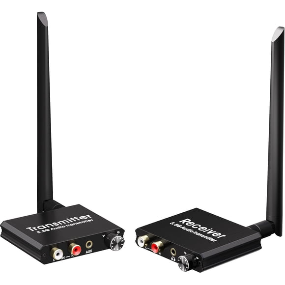 KSRplayer Kit de Transmisor y Receptor de Audio Auxiliar RCA Inalámbrico de 5.8GHz para TV y Proyector – Alcance Largo de 164ft, Baja Latencia de 9ms, Perilla de Control de Volumen, Conéctate a Altav