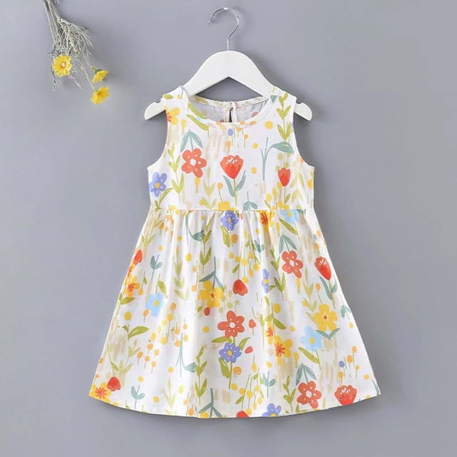 Robes d'Été Décontractées à Fleurs pour Filles de 1 à 7 Ans Sans Manches pour Extérieur et École