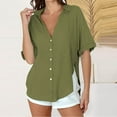 thumbnail image 2 of Olyvenn Womens Short Sleeve Button Down Shirts Cotton Linen V Neck Side Slit Blouse Summer Casual Loose Fit Beach Tops Green XL, 2 of 7