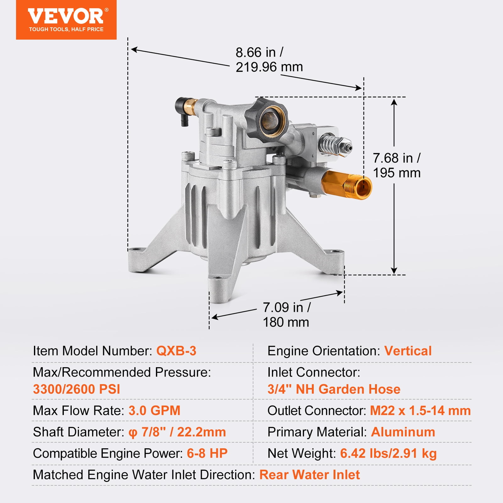 VEVOR Pressure Washer Pump, 7/8" Shaft Vertical, 3300 PSI, 3.0GPM, Replacement Power Washer Pumps Kit with 5 Nozzles, Hardware and Siphon Tube, Compatible with RYOBI, Honda, Briggs and Stratton