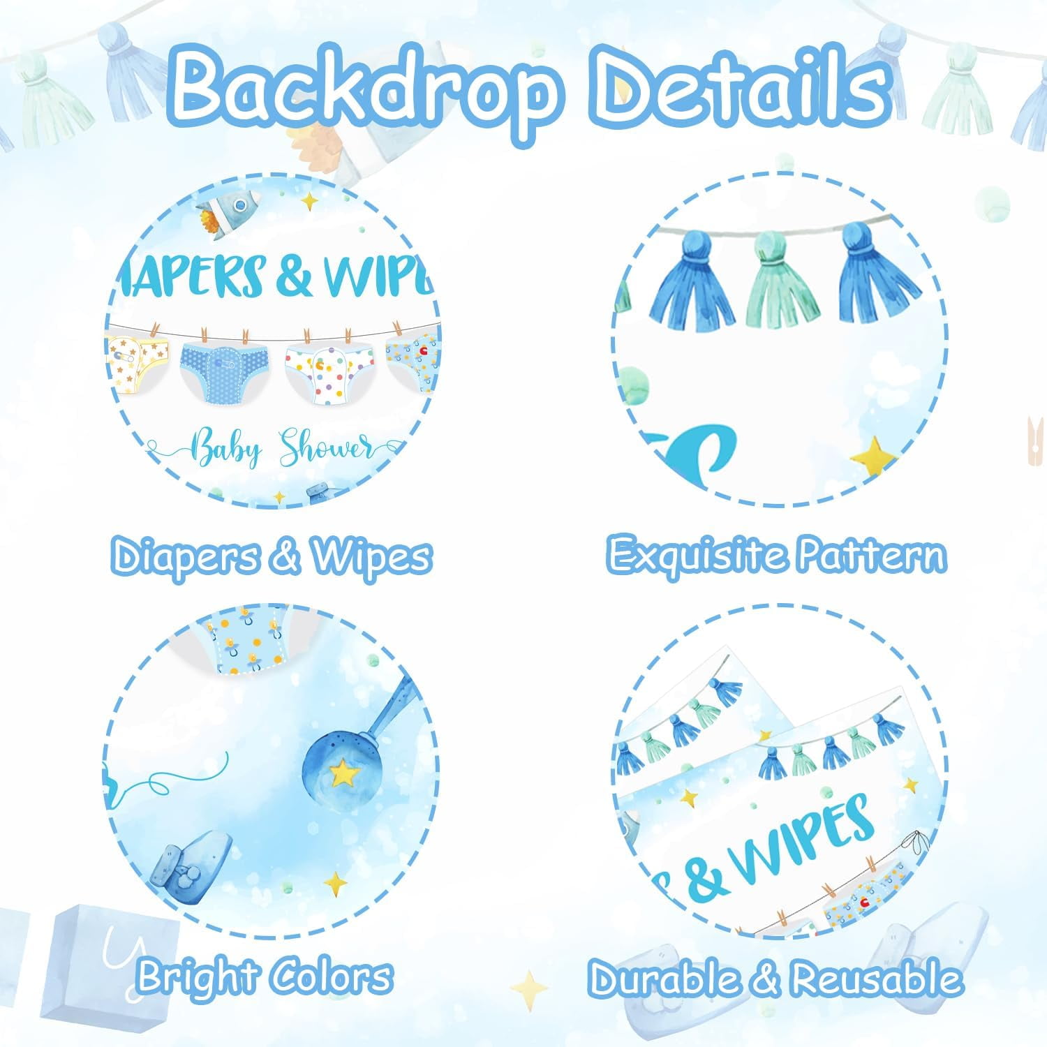Diapers & Wipes Theme Backdrop Baby Shower Party Decorations Blue and White Diaper Rocket Photograph Background Banner Photo Booth Props for Boys Diaper Theme Baby Shower Party Decor Supplies 5x3ft