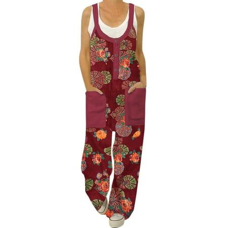 

Womens Vintage Floral Prints Straps O Neck Rompers Pockets Playsuit Long Jumpsuit Full Body Rompers Stylish for Women Body Women New Years Jumpsuit Jumpsuit Corset Jumpsuits for Women New Years