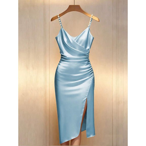Blue Satin Bodycon Dress With Pearl-Embellished Spaghetti Straps, Crossover Neckline, Ruched Waist And Side Slit