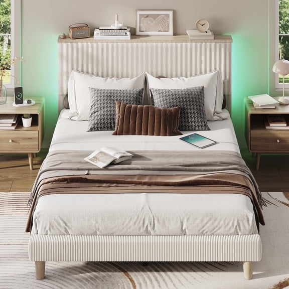 Bestier Queen Platform Bed with Adjustable Storage Headboard Shelf, LED Corduroy Upholstered Bed Frame, Cream