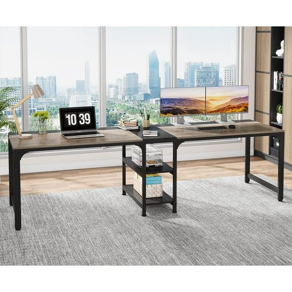 Tribesigns 90.55-Inch Double-Person Computer Desk with Shelves, Long Dual-Person Home Office Desk for living Room,Study, Writing