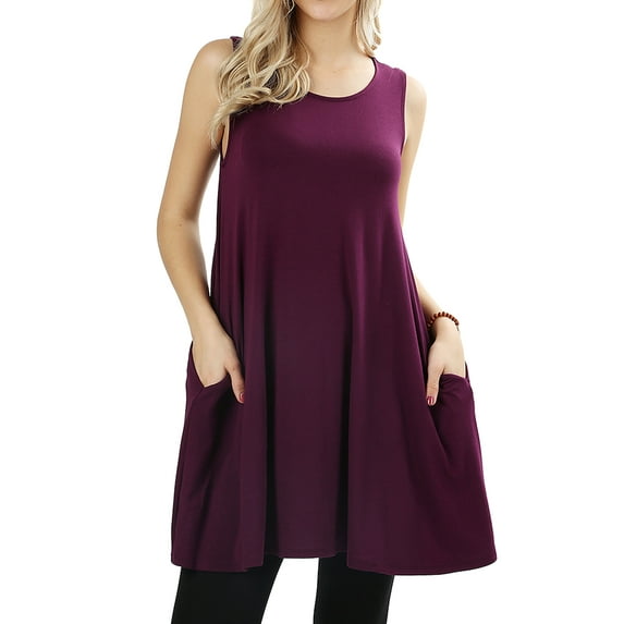 Women & Plus Round Neck Sleeveless Flowy Tunic Top with Side Pockets (DK Plum, XL)