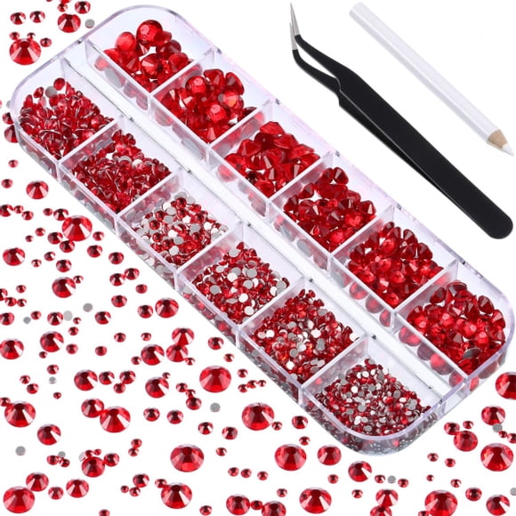 2000pcs Flat Back Gemstones Rhinestones 6 Sizes (Red)