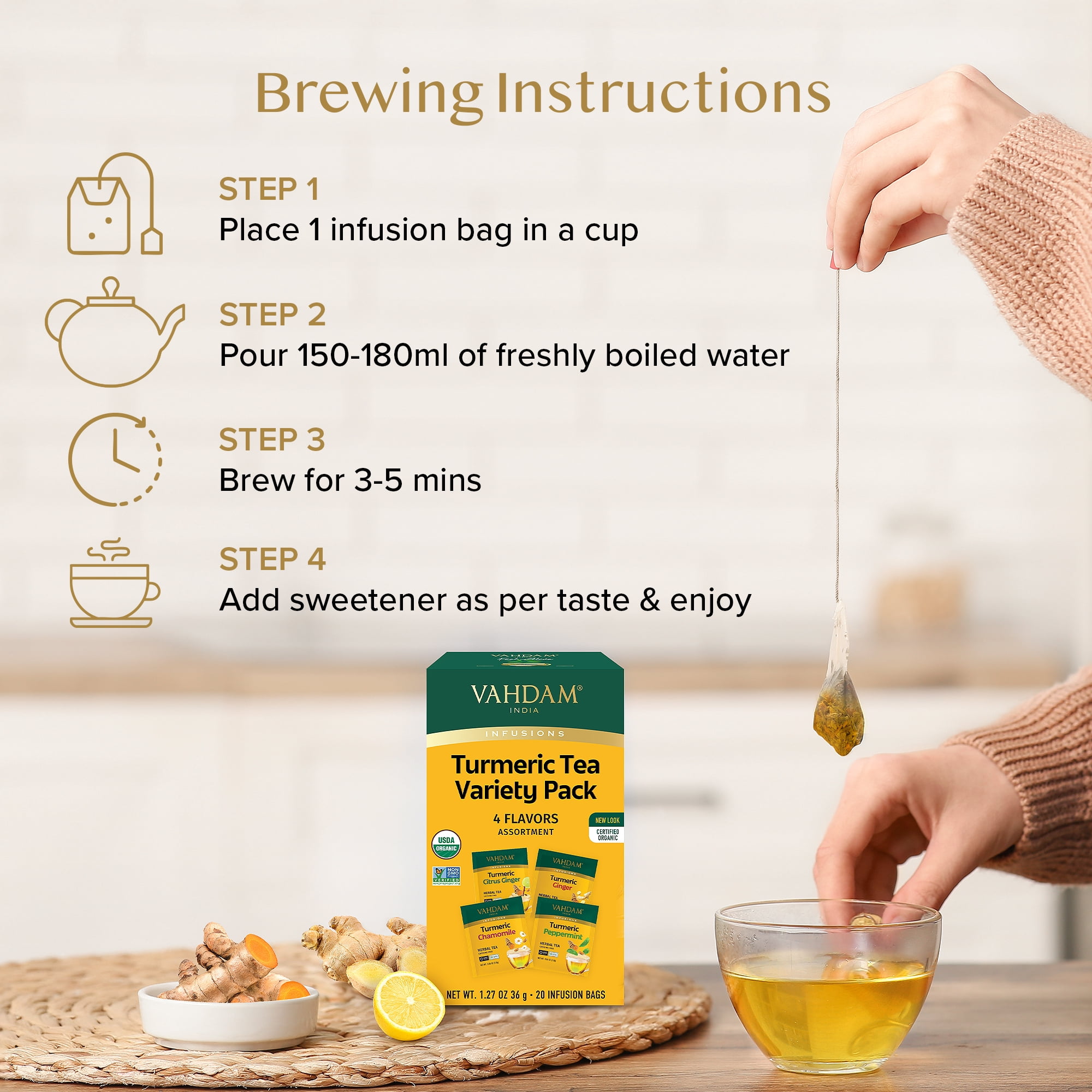 (3 pack) VAHDAM, USDA Organic Turmeric Herbal Tea Sampler (20 Tea Bags, 4 Flavors), Caffeine-Free, Gluten-Free |Turmeric with Citrus, Ginger, Chamomile & Peppermint Tea Variety | Individually Wrapped