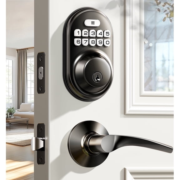 Veise RZ-C Keyless Entry Door Lock with 2 Lever Handles, Matte Black | Zinc Alloy Handle Set, Auto Lock, One Time Code, 20 Codes, Back-Lit Keypad, Electronic Deadbolt for Front Door, Easy Install