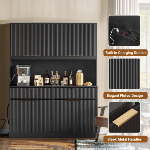 71" Tall Kitchen Pantry Cabinet with Power Outlet and Open Countertop, Modern Multi-Functional Storage Hutch Cabinet for Dining Room, Entryway and Living Room, Black