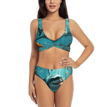 Zeuib Realistic Ocean Shark High Waisted Tummy Control Bikini Set - Knot Front Push Up Top & Cheeky Thong Bottom  Two-Piece Swimsuit for Women-X-Large