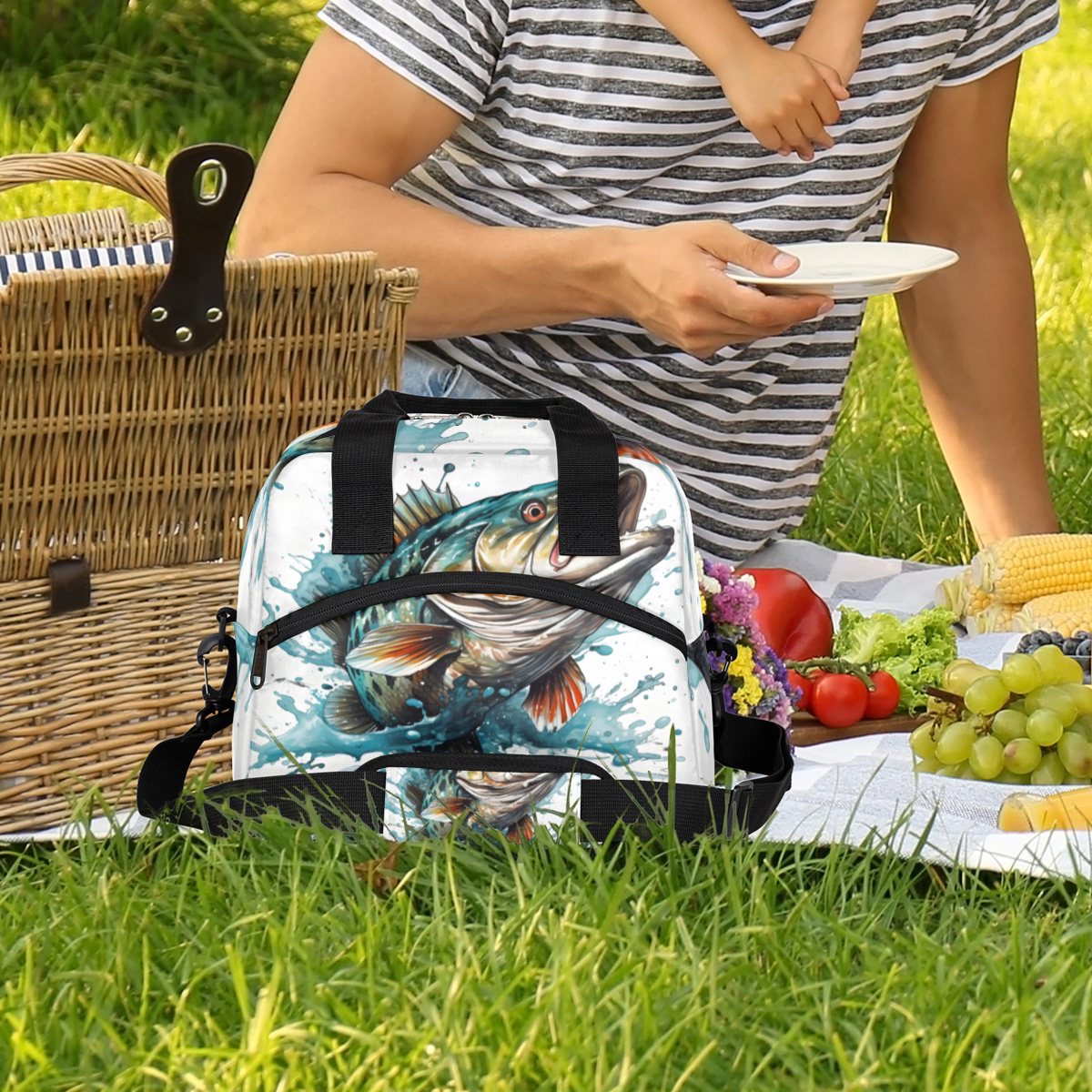 Herdesigns Funny Fish Insulated Lunch Bag for Women Men Adults Large Reusable Lunch Box Bass Fish Leakproof Cooler Tote Bags with Adjustable Shoulder Strap