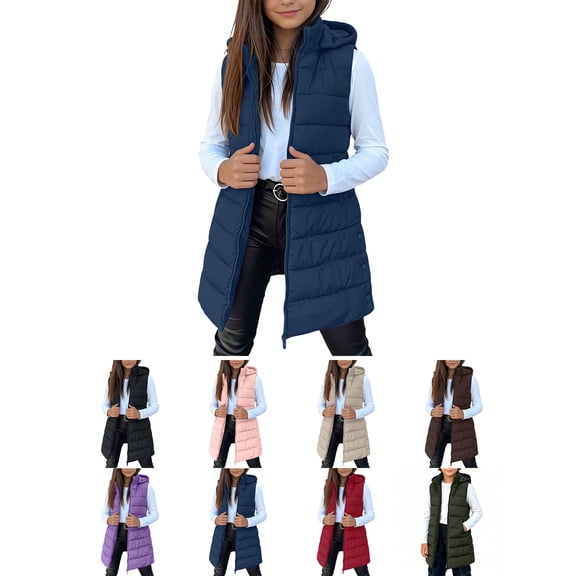 Sevevn Girls Boys Long Puffer Vest with Hood Sleeveless Quilted Padded Gilet Kids Zip Up Warm Outerwear Waistcoat