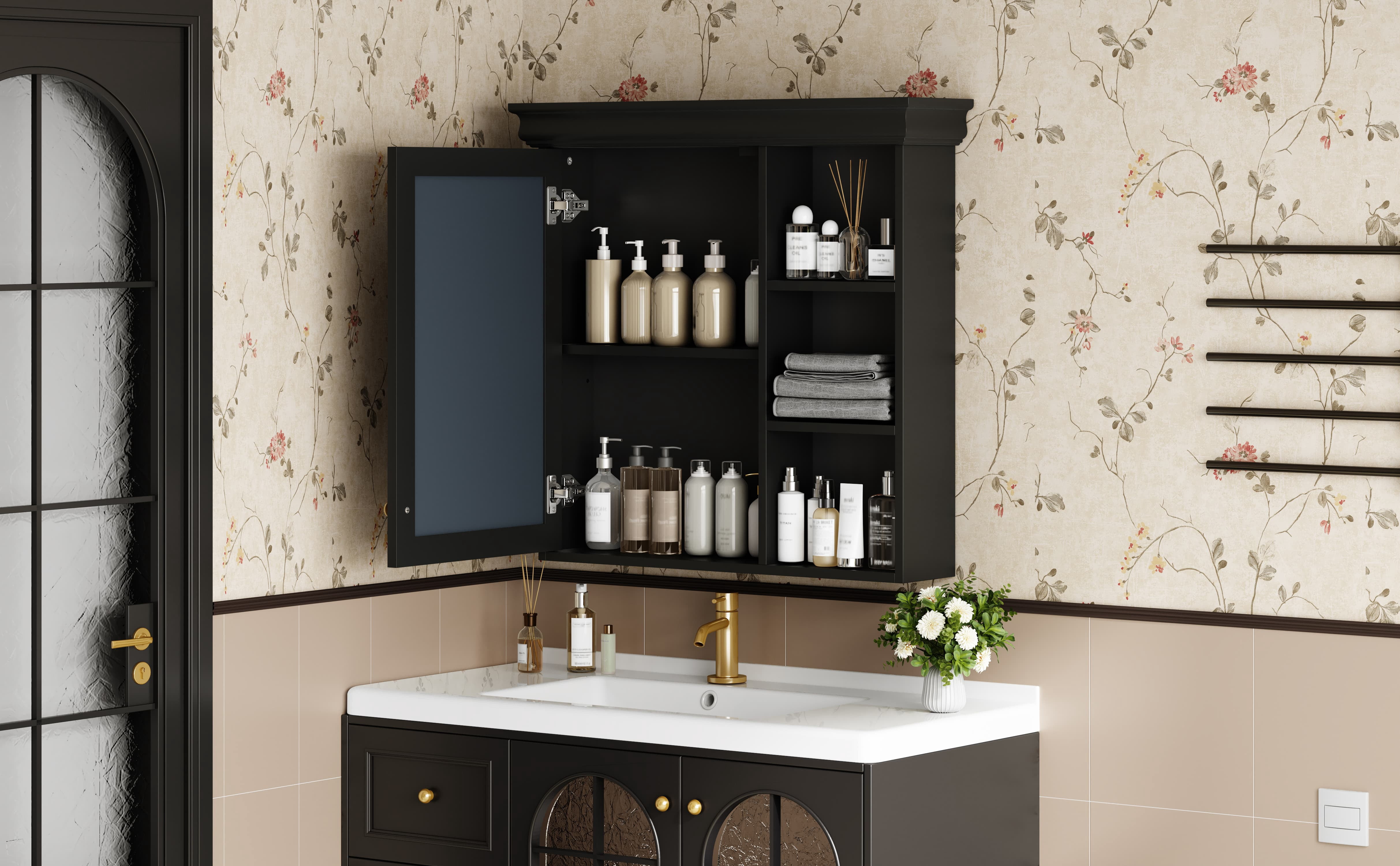 MAYEERTY 30'' x 28'' Black Bathroom Medicine Cabinet with Mirror, Wall Mounted Storage Organizer – Over Toilet Cabinet