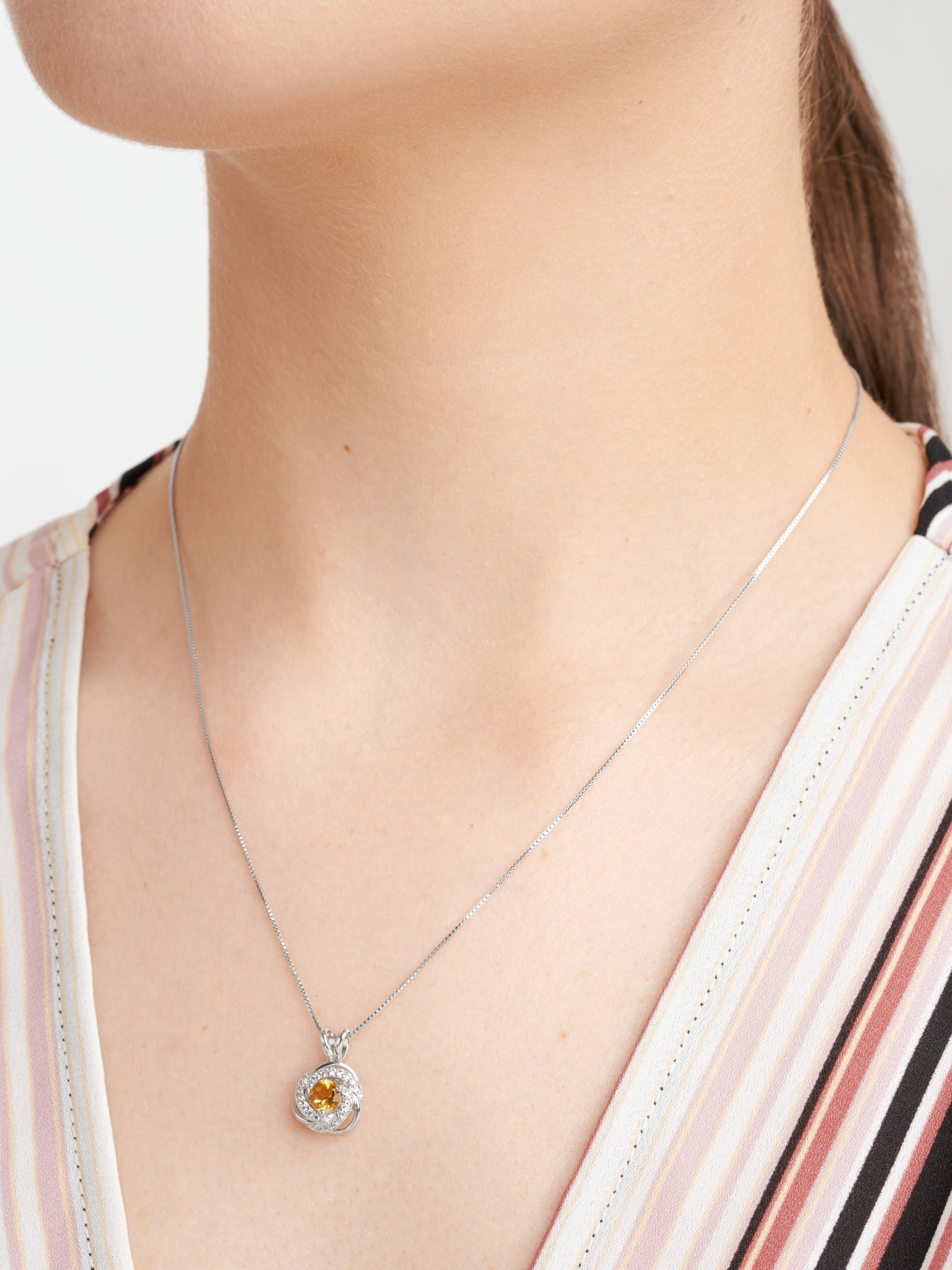 Rhodium Plated Sterling Silver Genuine Citrine November Birthstone Love Knot Pendant Necklace for Women Gift for Her