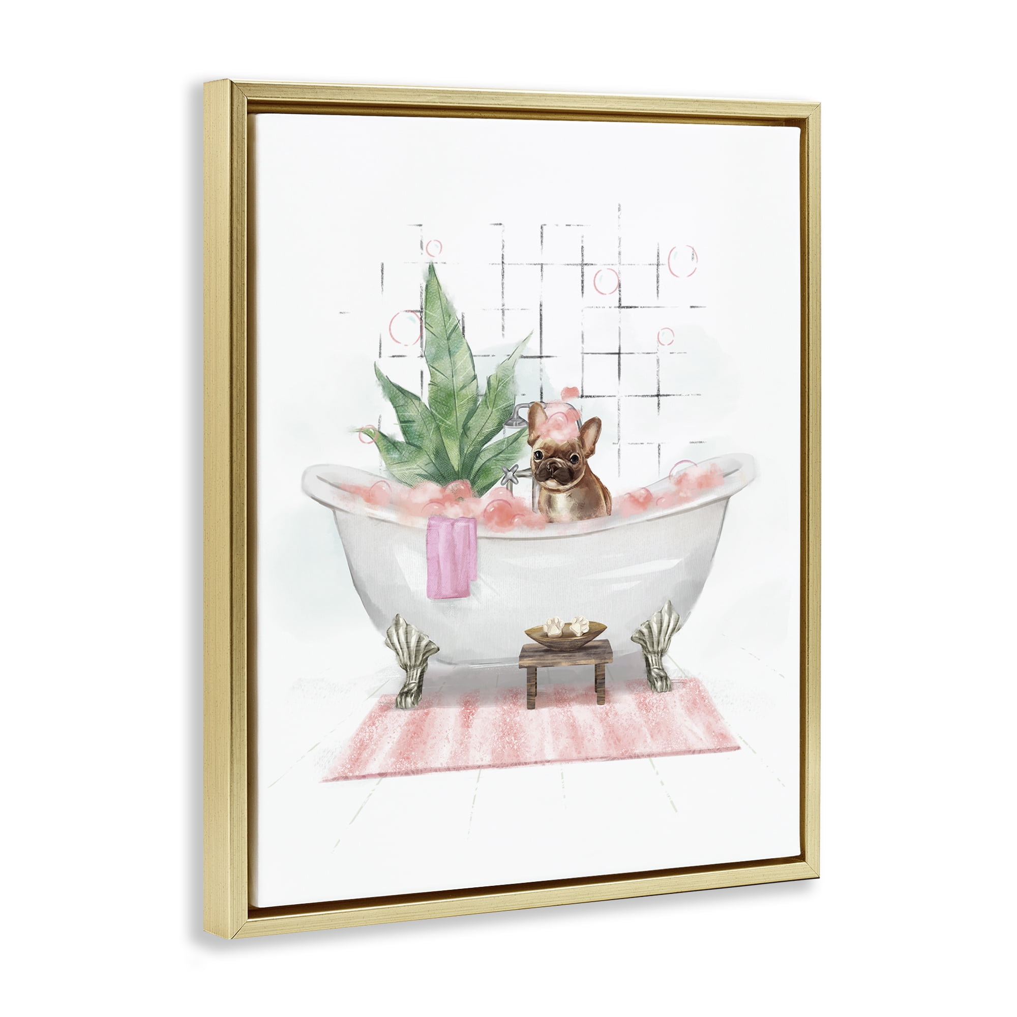 Stupell Industries Glam Pug in Tub Bath & Laundry Painting Gold Floater Framed Canvas Art Print Wall Art, 25 x 31
