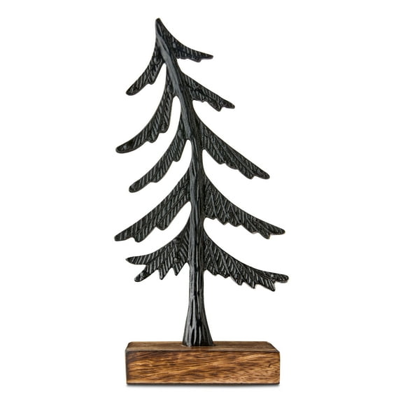 Small Metal and Wood Tilting Tree Christmas Tabletop Decoration, Black and Brown, 10.43", by Holiday Time