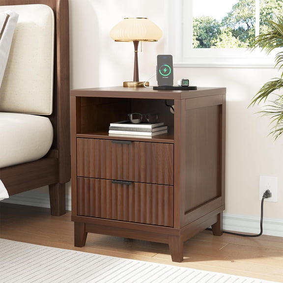 Walnut Fluted Nightstand With Wireless Charging, 2 Drawers & Open Shelf, Modern Bedside Table