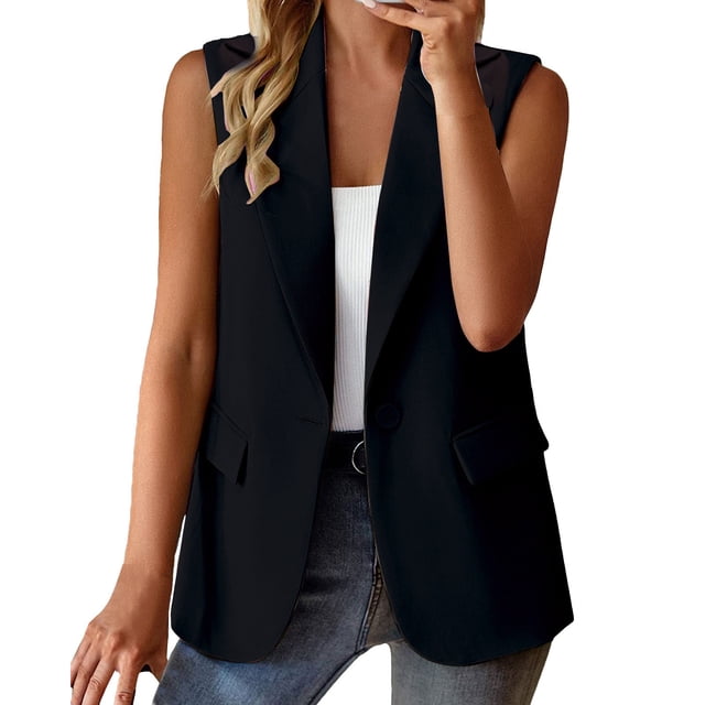 Chaquetas de traje estilo casual Abrigo sin mangas para mujer Chaqueta de punto de color sólido Chaqueta de punto de solapa informal con bolsillos,temperamento blazer(Negro, L)