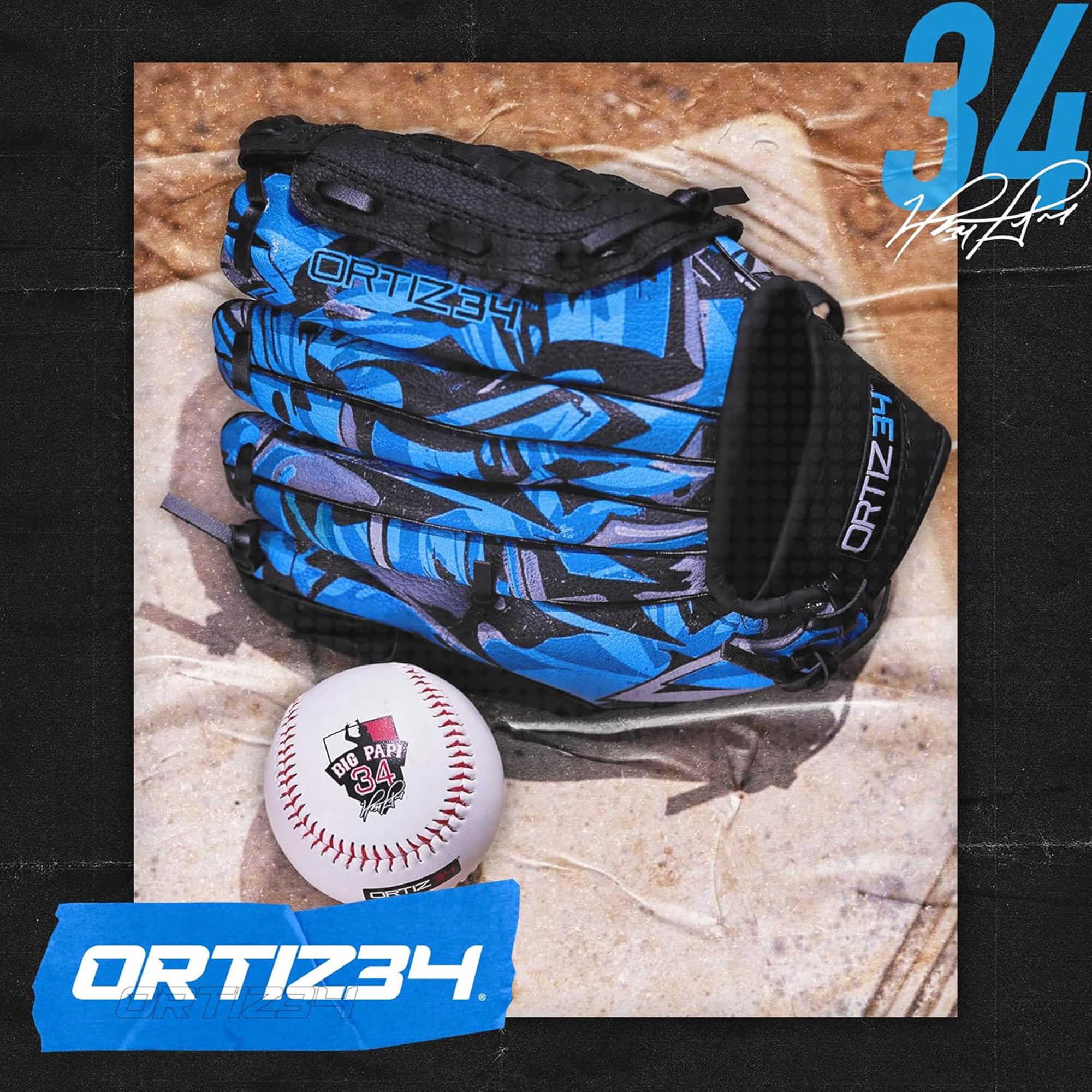 Ortiz34 9" Graffiti Youth T-Ball Baseball Glove, Right Hand Throw, Easy Close, No Break-In, Lightweight, Black/Blue