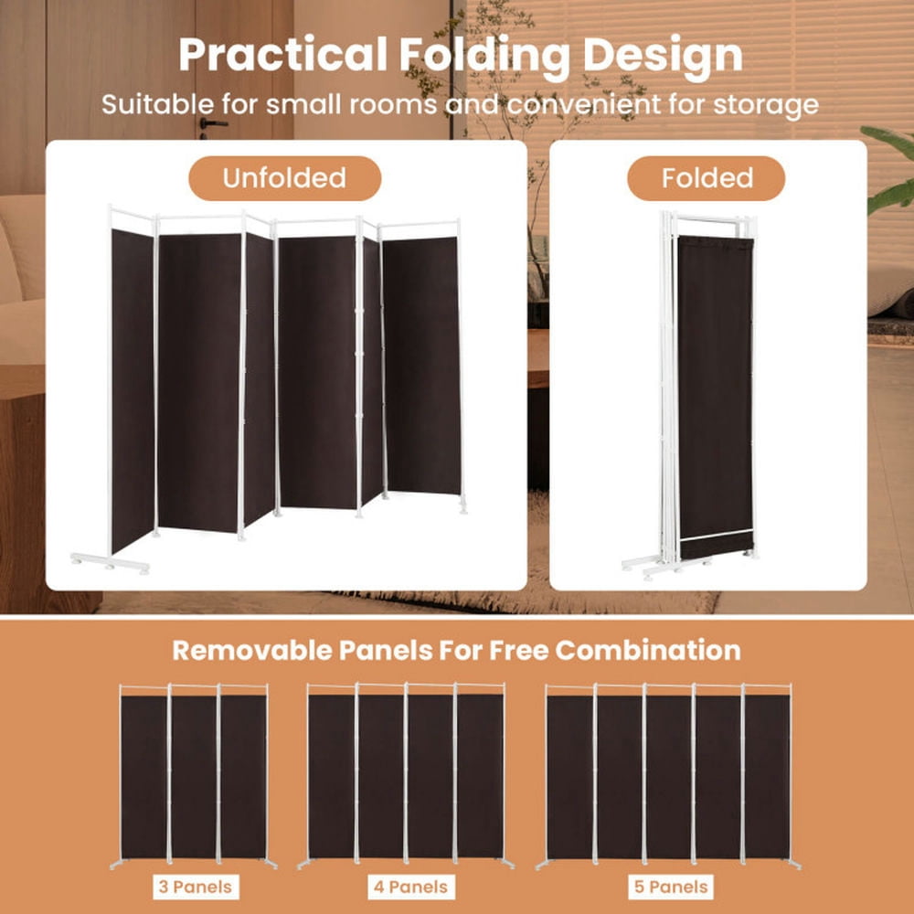 Spaco 6-Panel Room Divider Folding Privacy Screen, Privacy Screen with 7 Large Adjustable Foot Pads and 2 Support Tubes, Room Divider for Indoor as Home, Brown