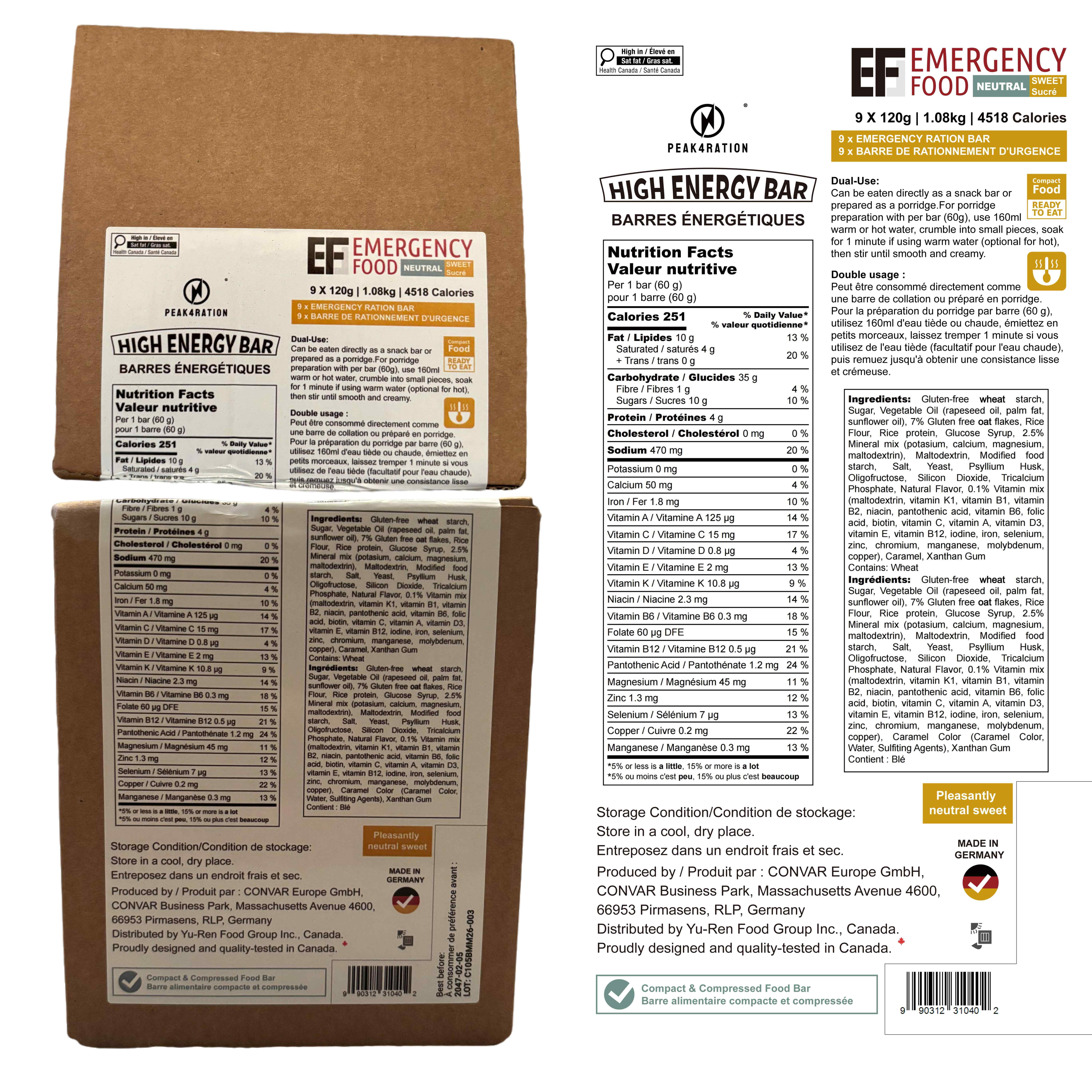 PEAK4RATION Emergency Ration Bars 4518kcal 1.08kg/9bags Neutral Sweet | Long Shelf-Life Survival High Energy Biscuits with Hot Porridge Option | MRE Emergency Preparedness Food Bar - Made in Germany