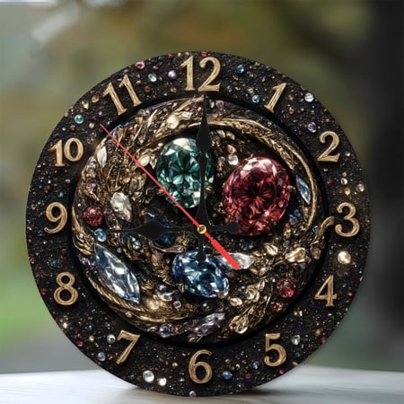 10-Inch Silent Wooden Wall Clock, Luxury Crystal Gemstone Resin Clock Wall Decor Silent Non-Ticking Clock, Battery Operated (AA Batteries Not Included), Artistic Home Decor