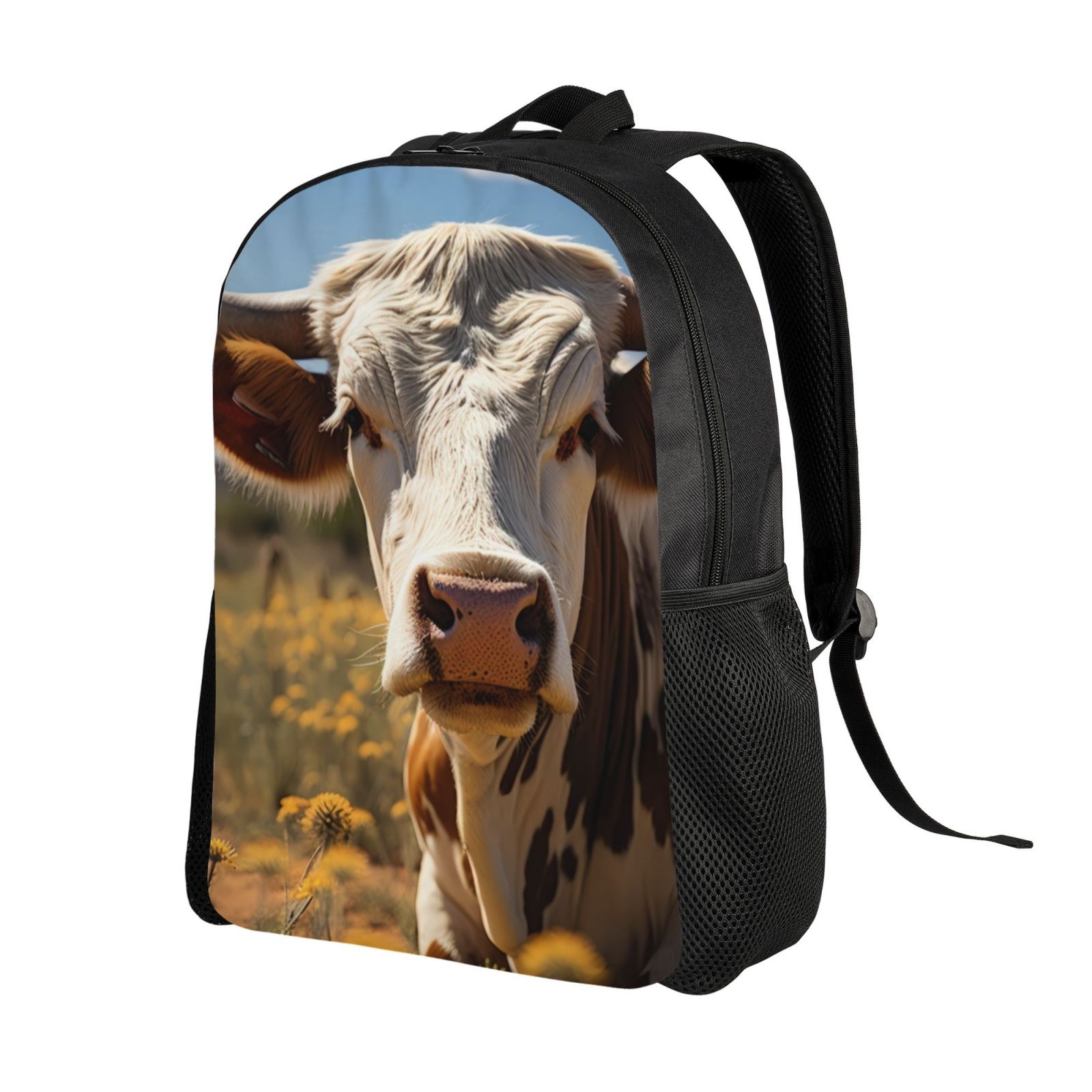 Xecao Countryside Flower Cow Print School Backpack with Laptop Compartment Small Travel Laptop Backpack for Women Men Waterproof College Backpack Simple School Bag